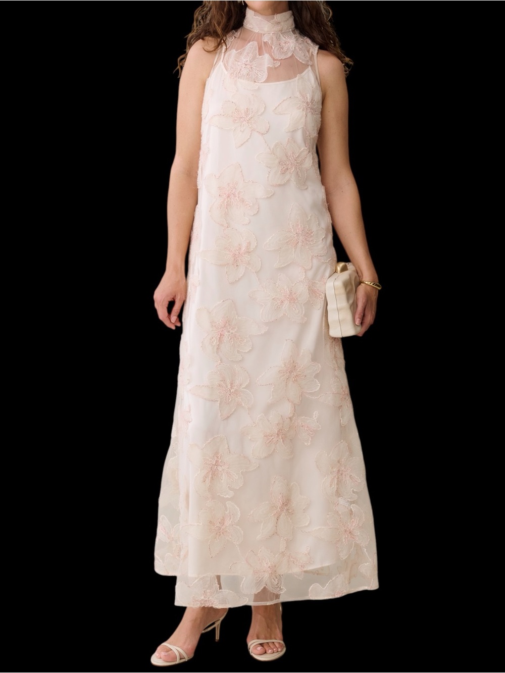 Few Moda Naia Dress Blush Cream Floral Pink Sheet Overlay Slip Dress Formal